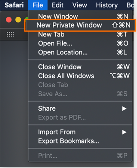 Screenshot of New Private Window setting on Safari web browser
